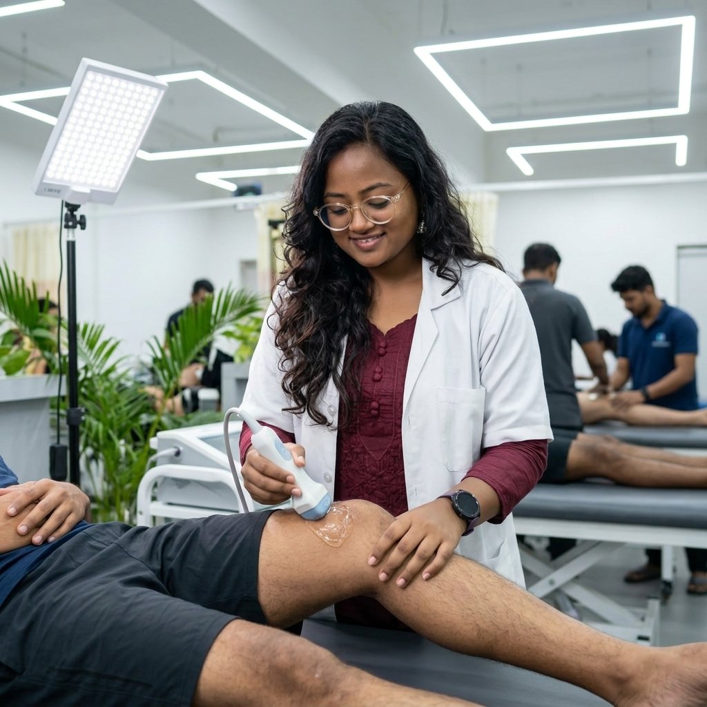 Dr. Pushpa Sharma using ultrasound therapy device for physiotherapy treatment in Mumbai