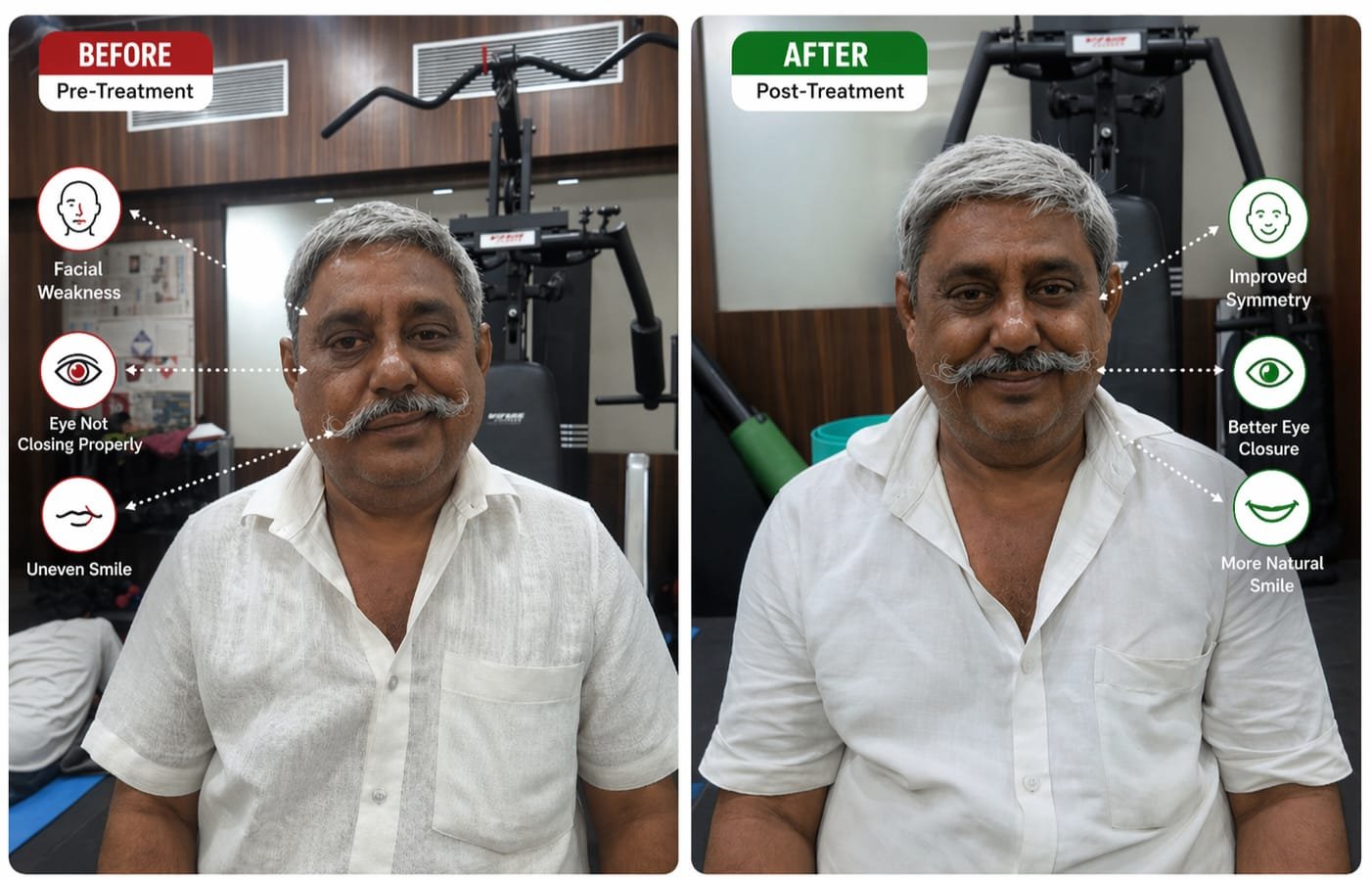 Bell's Palsy before and after physiotherapy — facial nerve palsy recovery showing restored symmetry by Dr. Pushpa Sharma at Physioridham, Girgaon, Mumbai